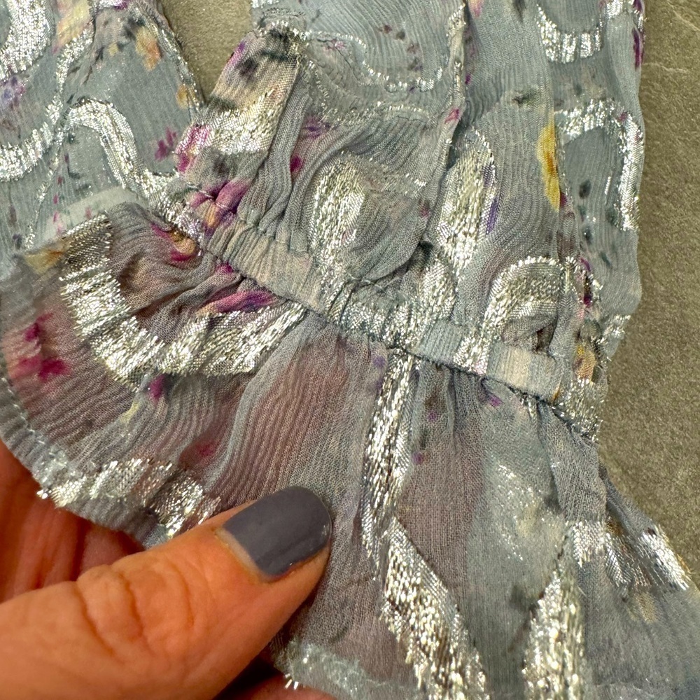 LOVESHACKFANCY Alyssa sheer silk & silver metallic ruffle feminine top small - Picture 7 of 9